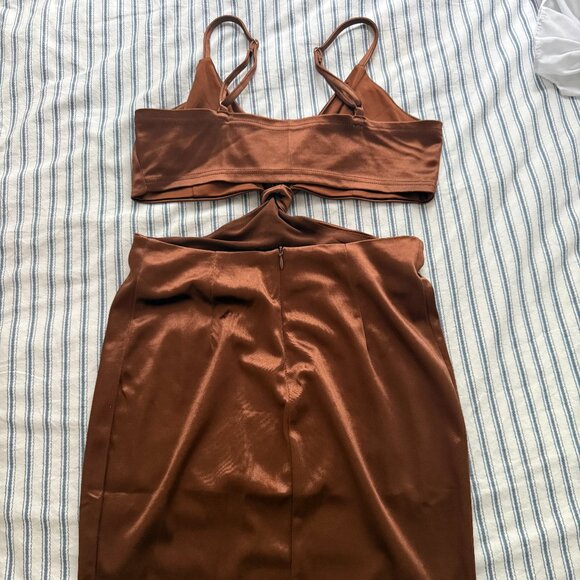 Just Quella Shiny Brown Mini Bodycon Dress - Picture 2 of 3